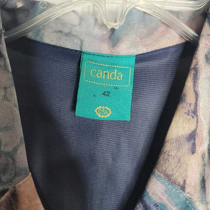 Canda 80s Vintage Pleated Geometric Multi Blue Dress Belted Long Sleeve Large