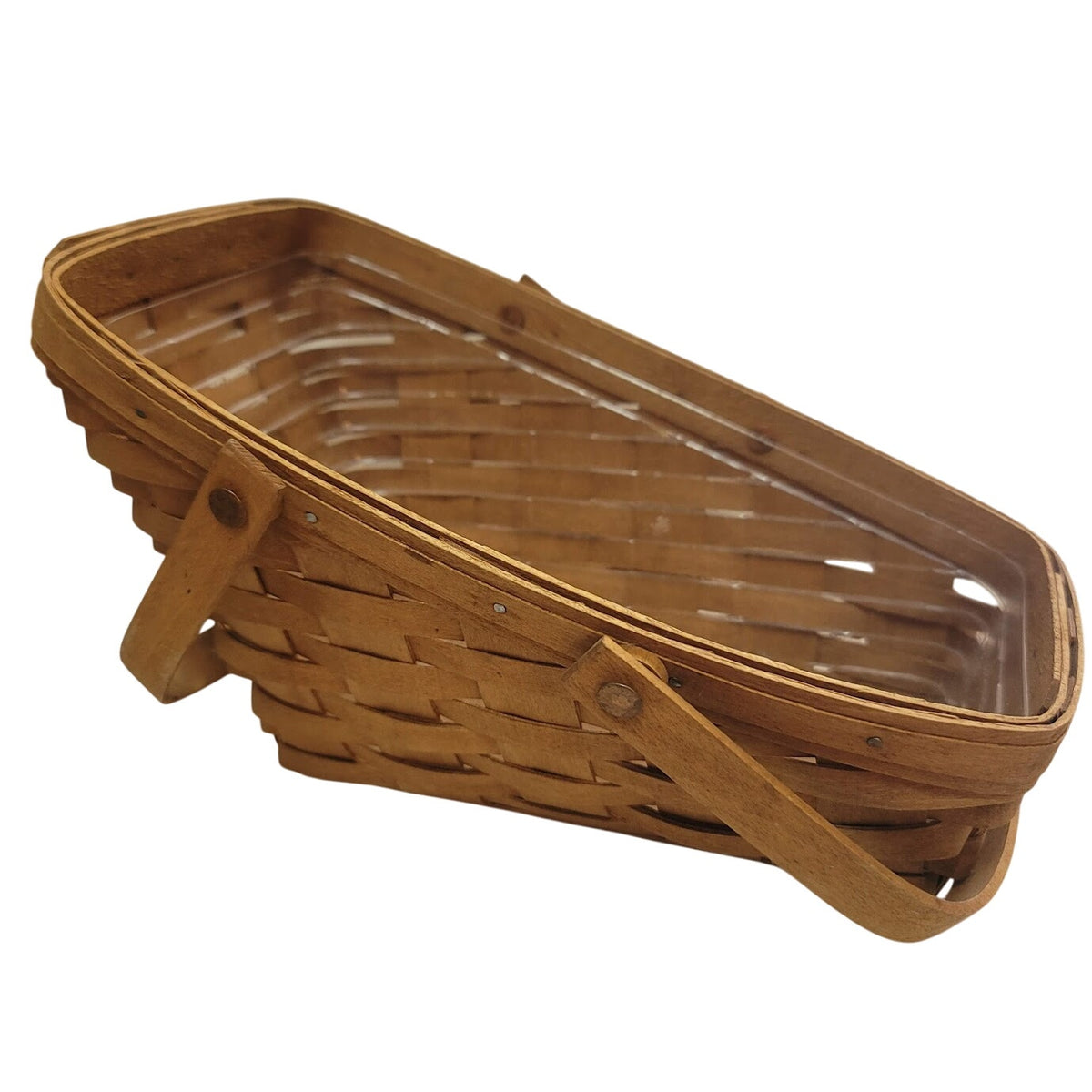 Longaberger 13" wine wood vegetable basket '92 clear liner slanted double handle