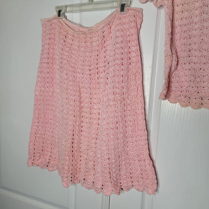 Vintage Little Flower Pink crochet 2 pc Set Skirt Short Sleeve Top Cotton Medium