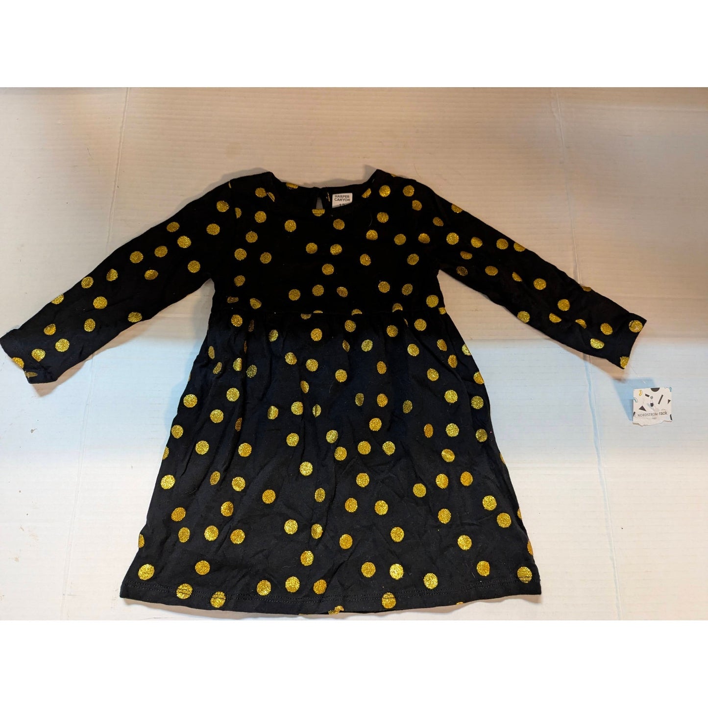 Preppy Harper Canyon Black Gold Metallic Polka Dot Long Sleeve Dress NWT 12M