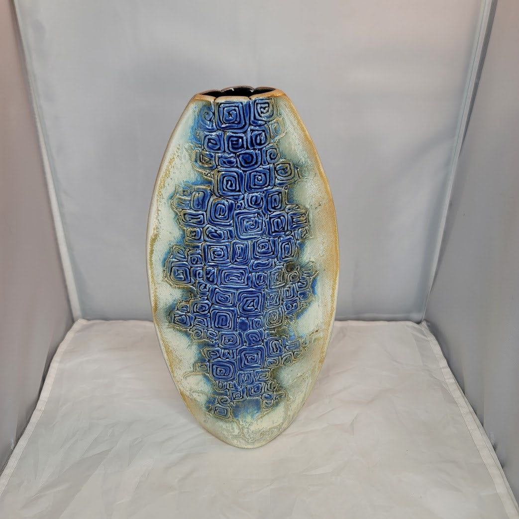 Tenmoku Malaysia 12" Vase Pinched Flatened Pottery Blue Geometric Swirl texture