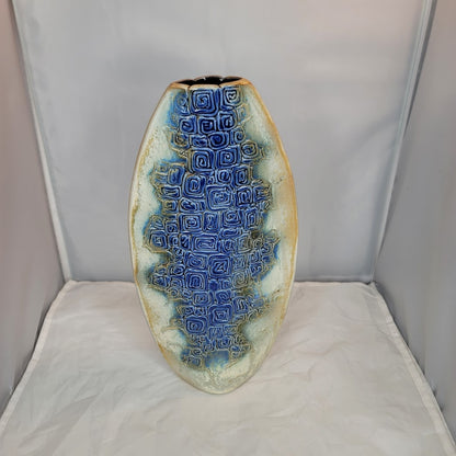 Tenmoku Malaysia 12" Vase Pinched Flatened Pottery Blue Geometric Swirl texture