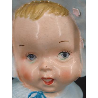 Vintage Ceramic Baby Head Vase Blue Bonnet Planter Figurine Mid Century
