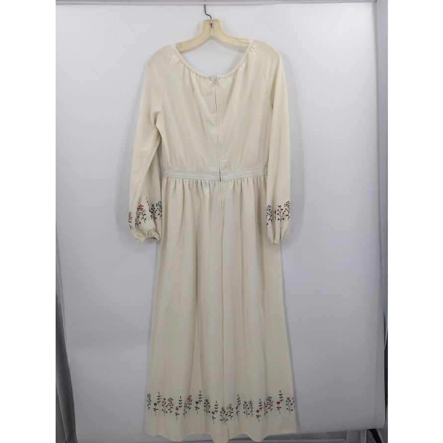 Vintage Leslie Fay Cream Dress Embroidery Maxi Long Sleeve cOTTON bLEND MEDIUM