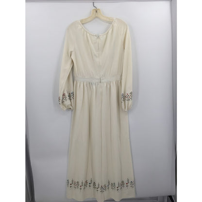 Vintage Leslie Fay Cream Dress Embroidery Maxi Long Sleeve cOTTON bLEND MEDIUM