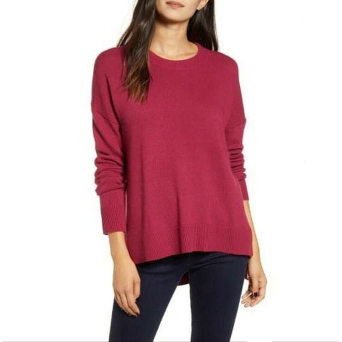 Chelsea28 Long Sleeve Pullover Knitted Sweater Crew Neck Split Hem Red small