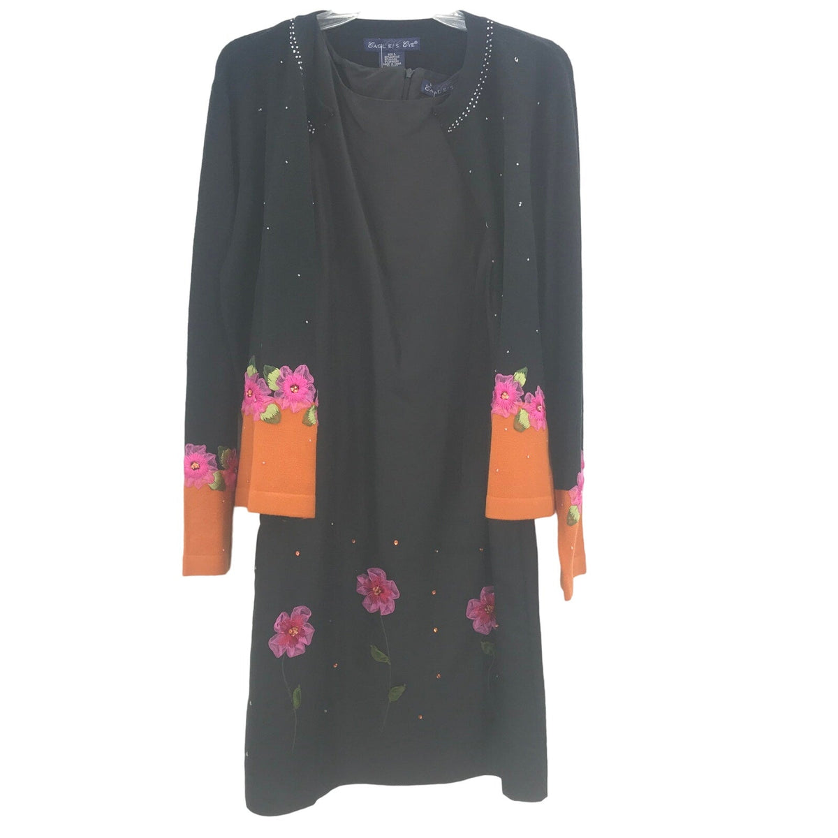Eagle's Eye 2 Piece Floral SILK Open Front Sweater & Sheath Dress Black Large