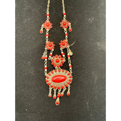 Vintage Red Cabochon Festoon Necklace Victorian Revival Gold Tone