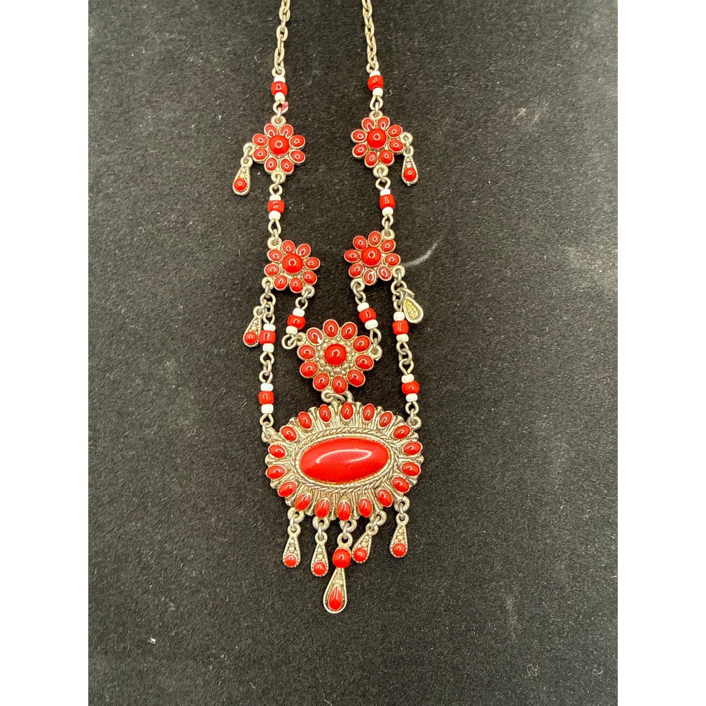 Vintage Red Cabochon Festoon Necklace Victorian Revival Gold Tone