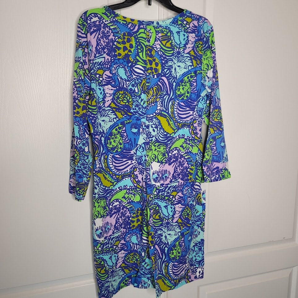 Lilly Pulitzer Christie Dress Cattitude Cat Blue Pima cotton Size XL VNeck 3/4