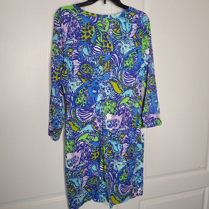 Lilly Pulitzer Christie Dress Cattitude Cat Blue Pima cotton Size XL VNeck 3/4