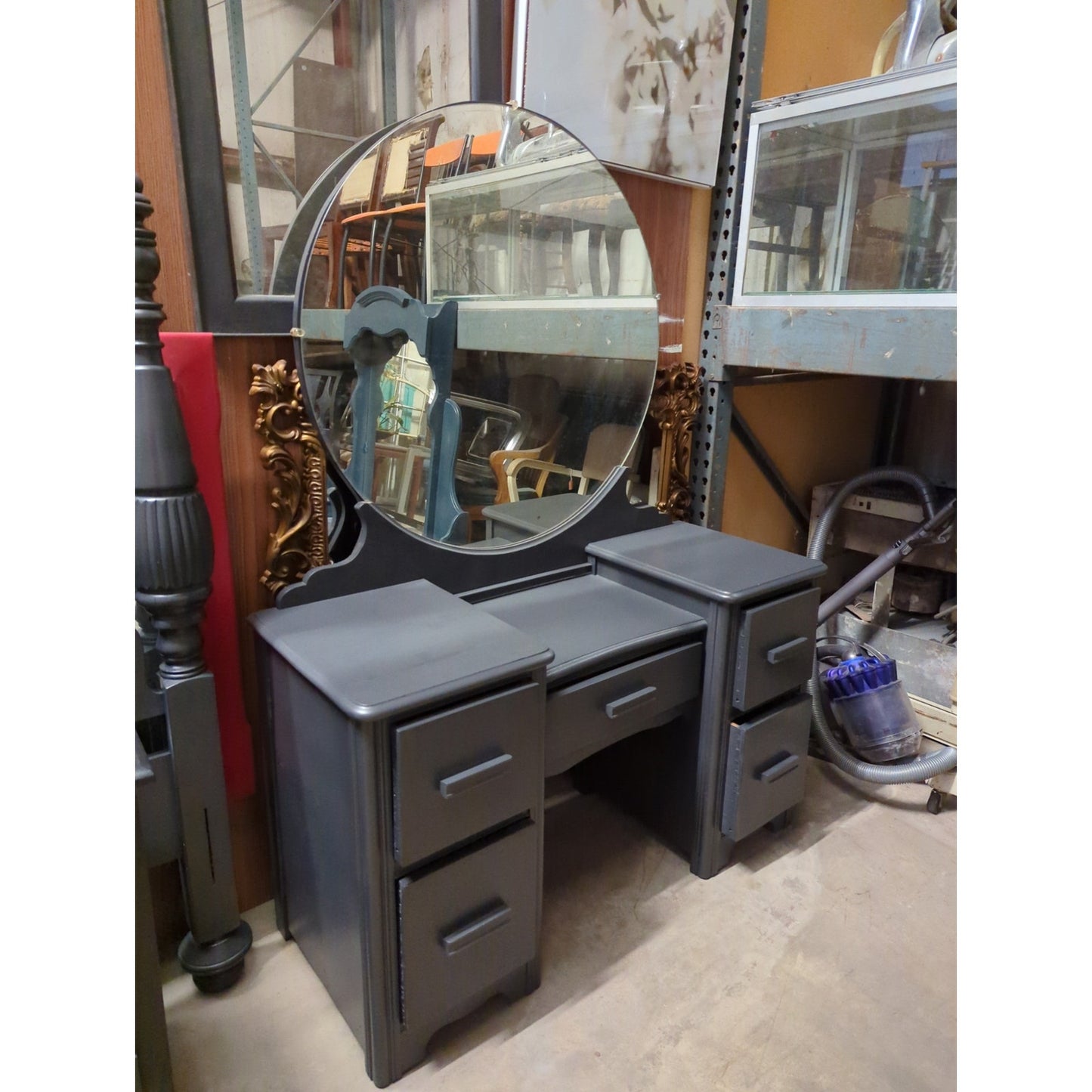 Secondhand Sandies: Full charcoal gray Headboard Vanity and Mirror