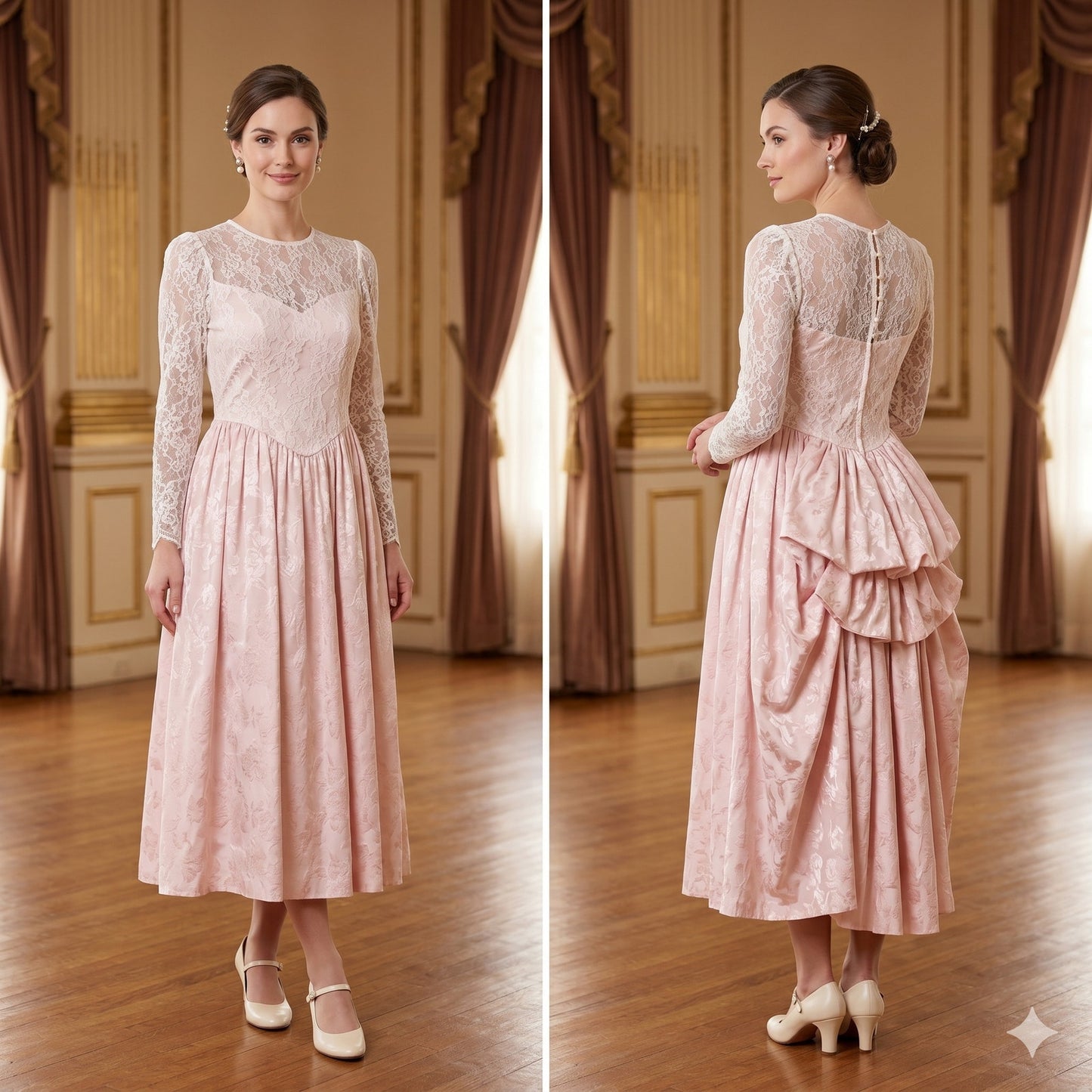 Vintage Scott McClintock Pink Jacquard Lace Drop Waist Bustle Dress 14 Prom Glam