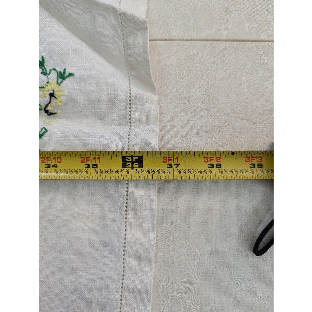 Vintage Hand embroidered flowers white blue purple table runner linen textiles