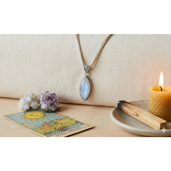 Marquise-cut Rainbow Moonstone Labradorite Sterling Silver Pendant