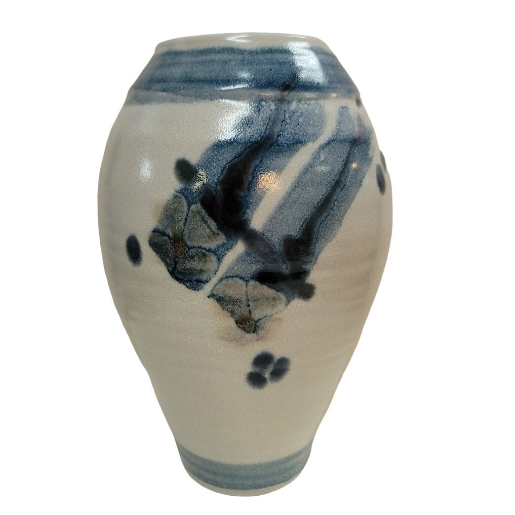 Cobalt Blue White Handmade art pottery vase signed flowers Approximately 9" x 5"