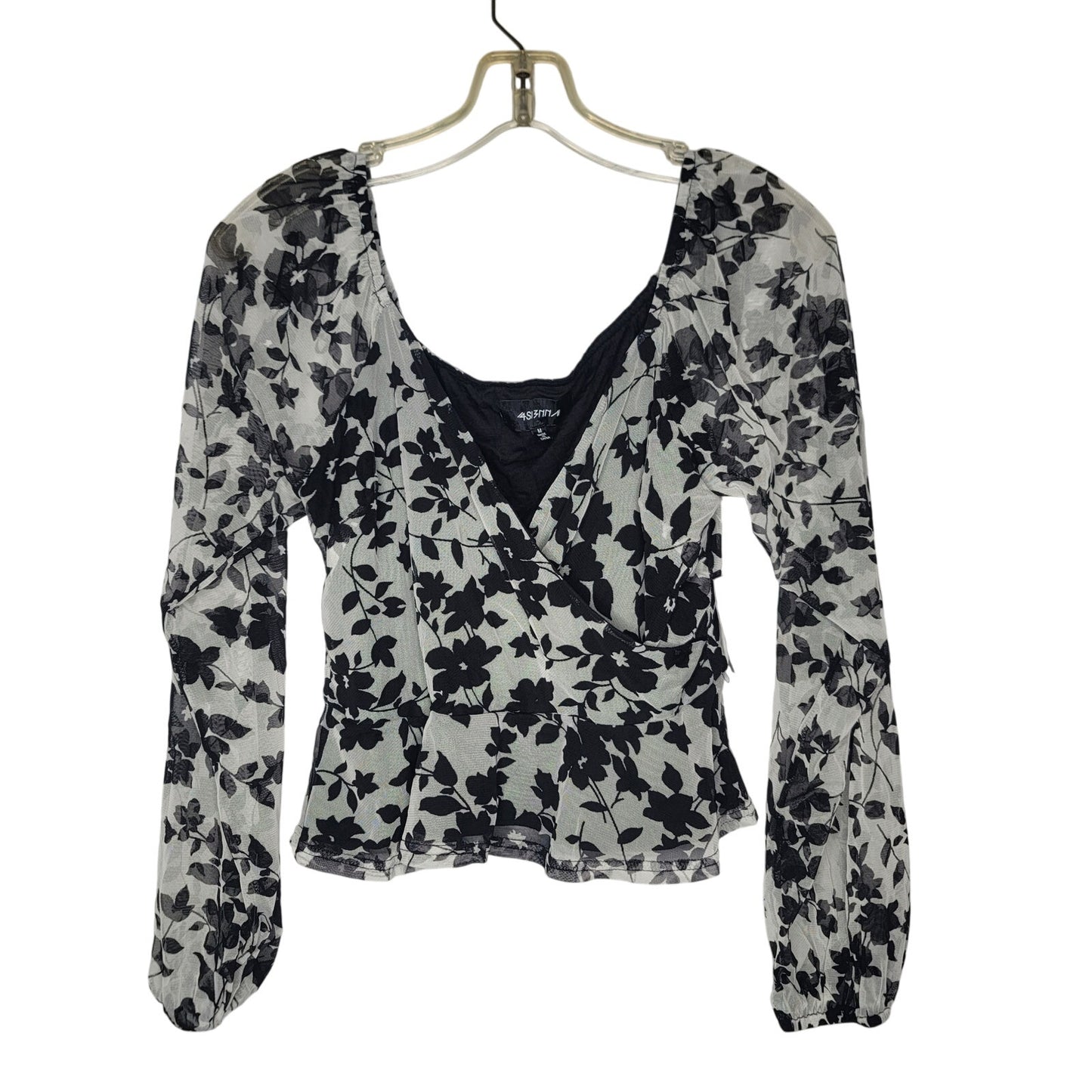 4si3nna Nordstrom Mesh Blouse Faux Wrap Long Sleeve Top Floral Black Size medium