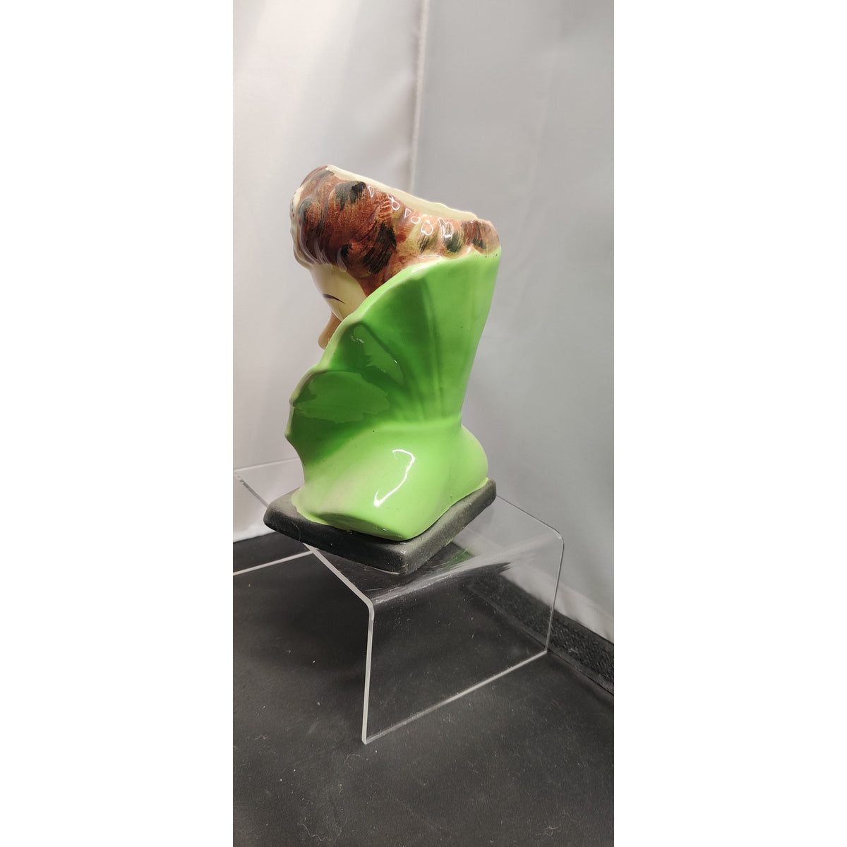 Vintage Green Collar Lady Head Vase Planter Kitschy Ceramic Japan 1950 Edwardian