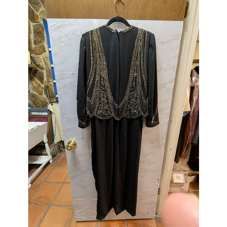 Jack Bryan Vintage Black Silk Beaded Sequin Formal Gown XL 80s Glam Luxe