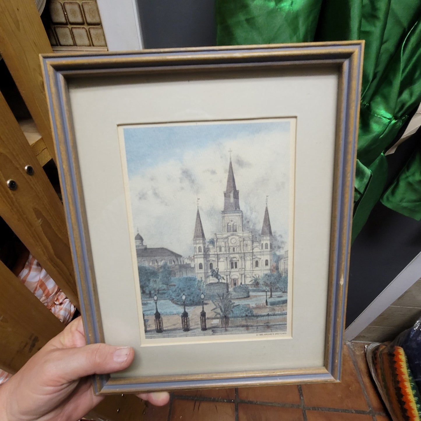 1983 Archies Sketch St. Louis Cathedral New Orleans Blue Framed Print 11.6"x9.6"