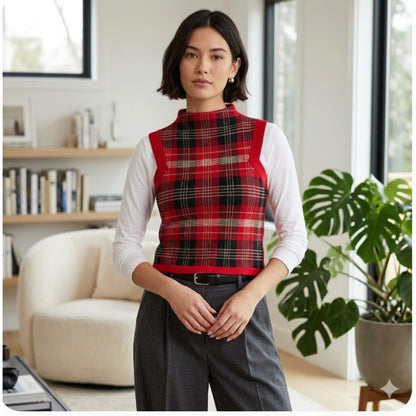 Tommy Jeans Vintage Red Plaid Mock Neck Sleeveless Sweater Vest Size Medium Y2K