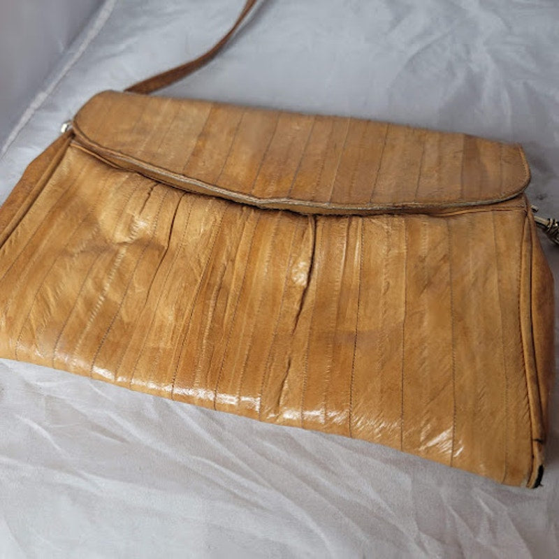 Vintage Genuine Eel Skin Leather Clutch Shoulder Bag Tan Mid-Century Minimalist