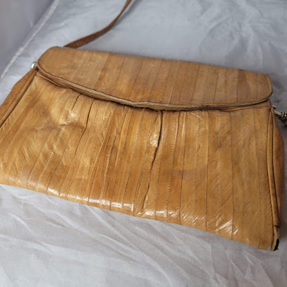 Vintage Genuine Eel Skin Leather Clutch Shoulder Bag Tan Mid-Century Minimalist
