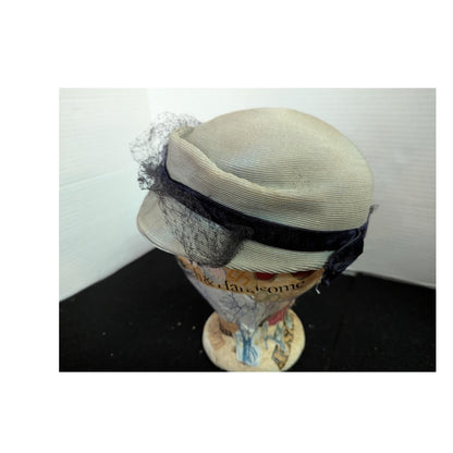 Vintage 40s 50s The Rhodes Hat Pale Blue Grey Pillbox Birdcage Veil Bow
