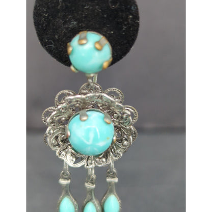Vintage Y2K Turquoise Silver Tone Filigree Chandelier Screw Back ClipOn Earrings