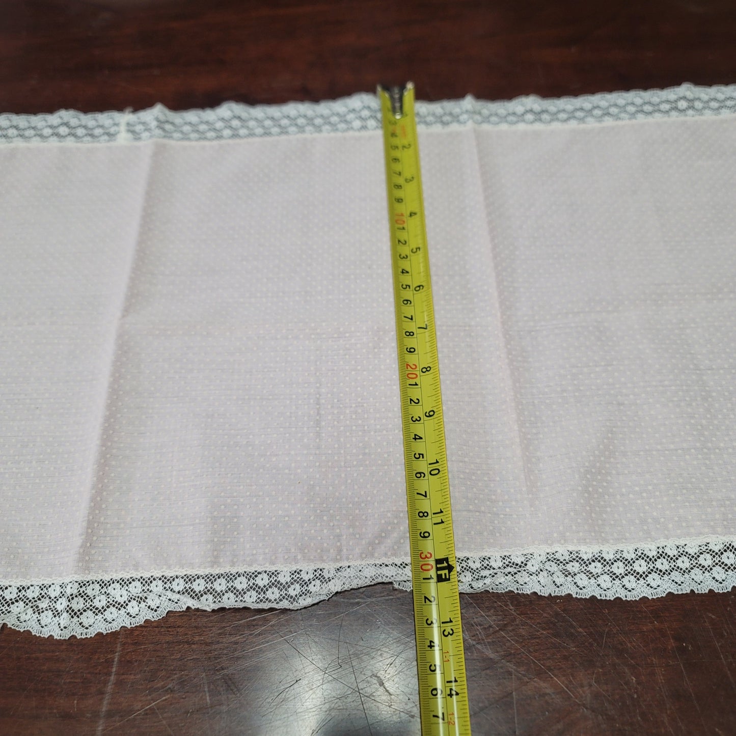 Vintage Oval Pink white lace edge swiss dot table runner textile vanity table