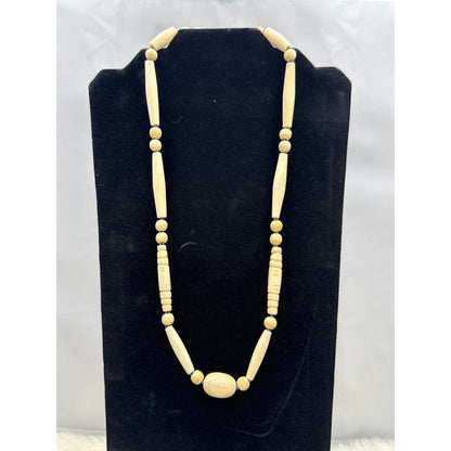 Vintage Carved Bovine Bone Elongated Bead Organic Boho Chic Necklace 24"