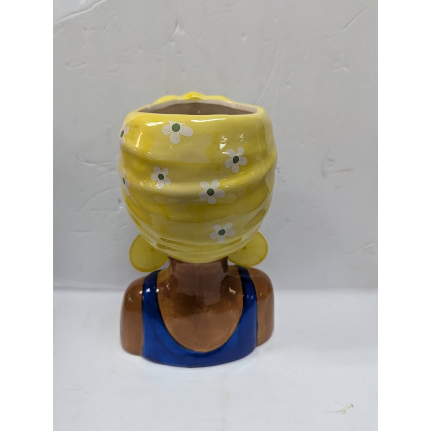 Large Ceramic Fruit lady headvase planter 9" tall YELLOW BANDANA LEMON RING