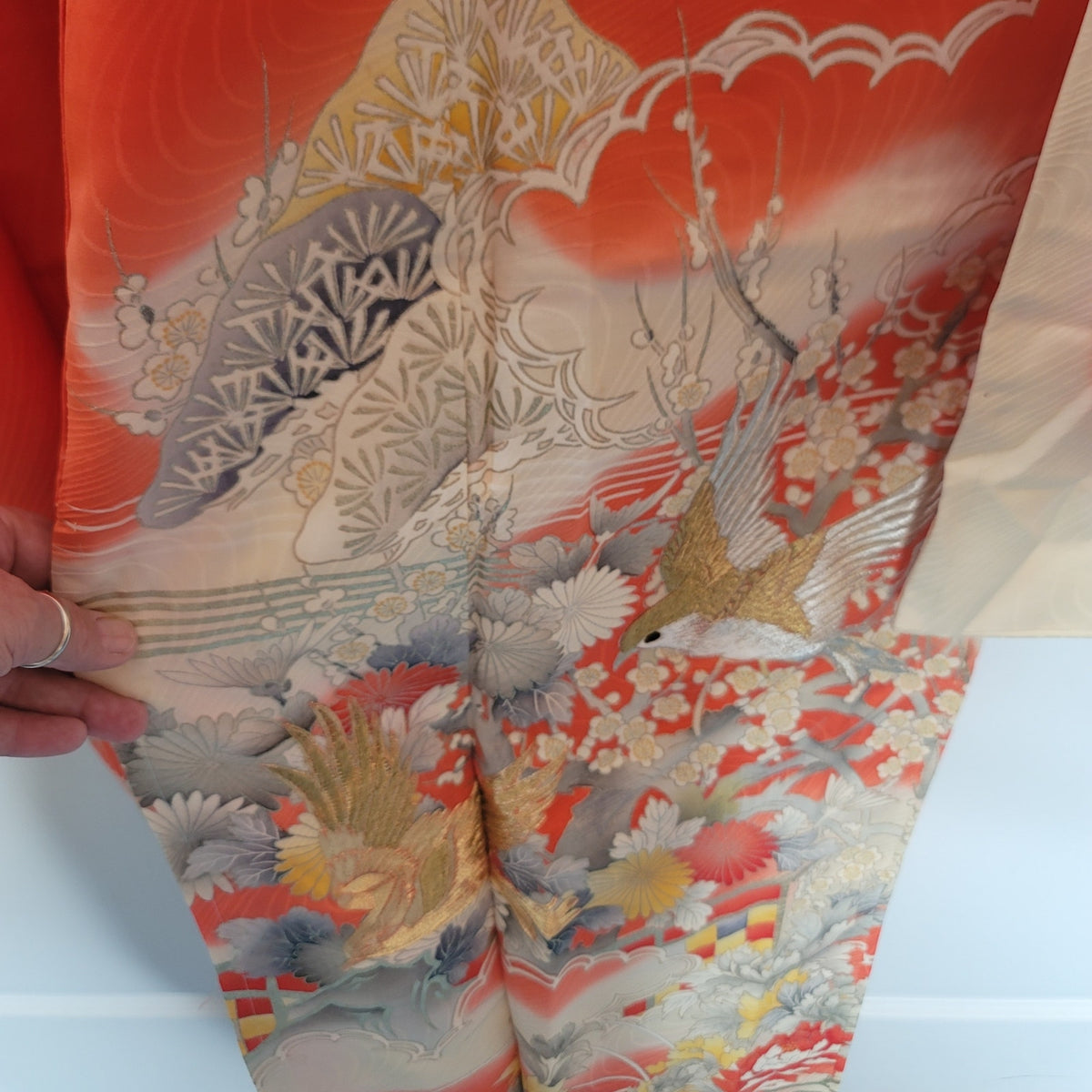 Vintage Silk Furisode (long sleeve) Kimono Robe Orange Gold Silver Embroidery