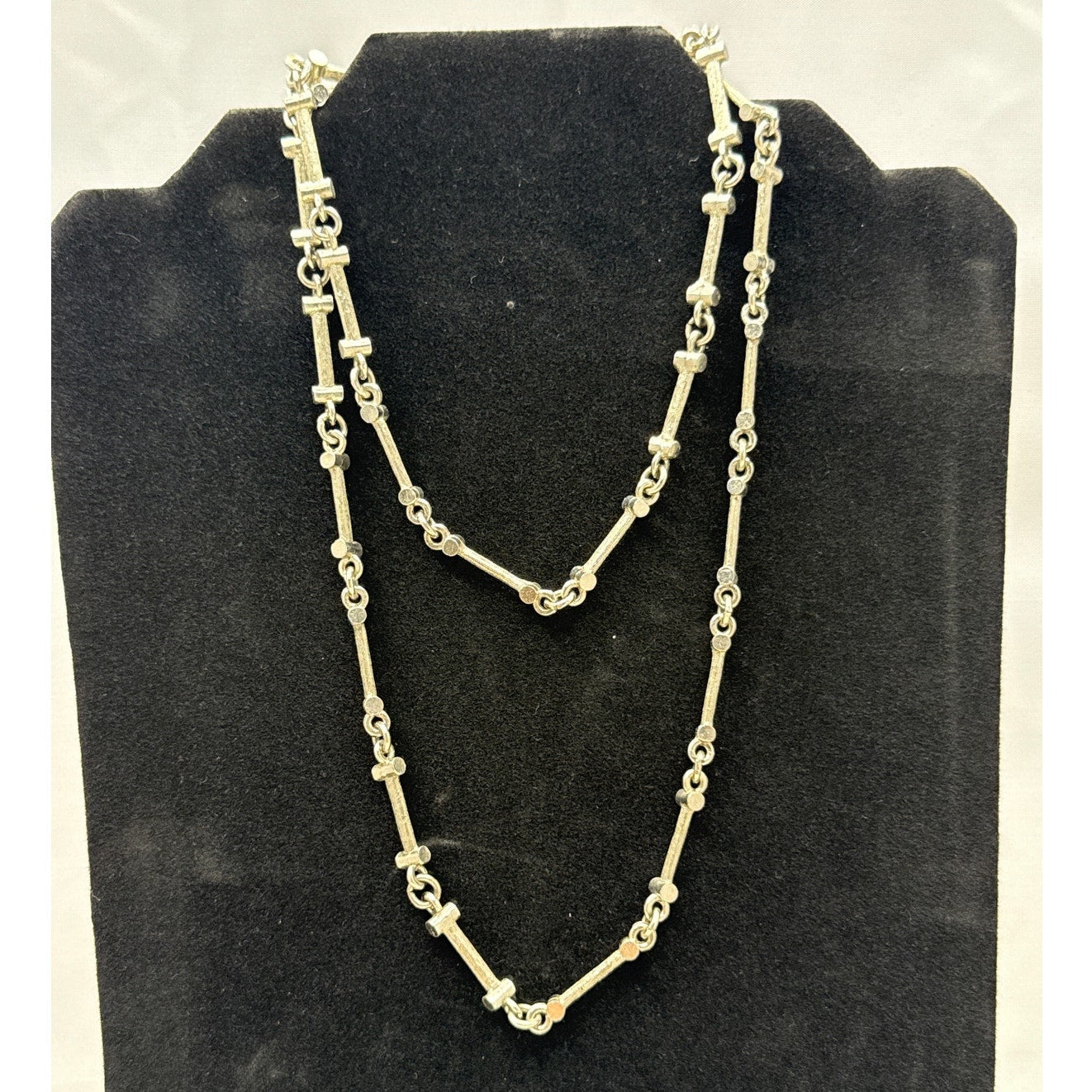 Vintage textured Brutalist Silver Tone Industrial Link Long Necklace Modern