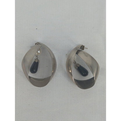 Vintage Swirl Hoop Earrings Silver-Tone Faux Pearl and Black Teardrop Dangle