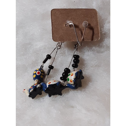 Artisan HANDMADE Earrings Black Seed Beads Dangle  French wire TURTLES