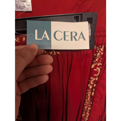 NEW LA CERA Women's Petite Large 2-Piece Printed Blouse Skirt Set Burgundy BOHO