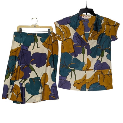 Marni 2 pc. Skirt Blouse to Set Brown Purple Floral Rolled Edges Pocket Medium