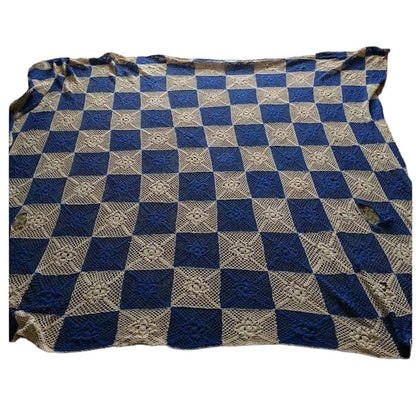 Vintage Blanket  Crochet Coverlet Bedspread DAMAGED Queen Blue Cream