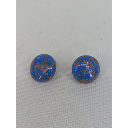 Vintage Blue Gold Fleck Glass Cabochon Clip-On Earrings Retro Mod Round
