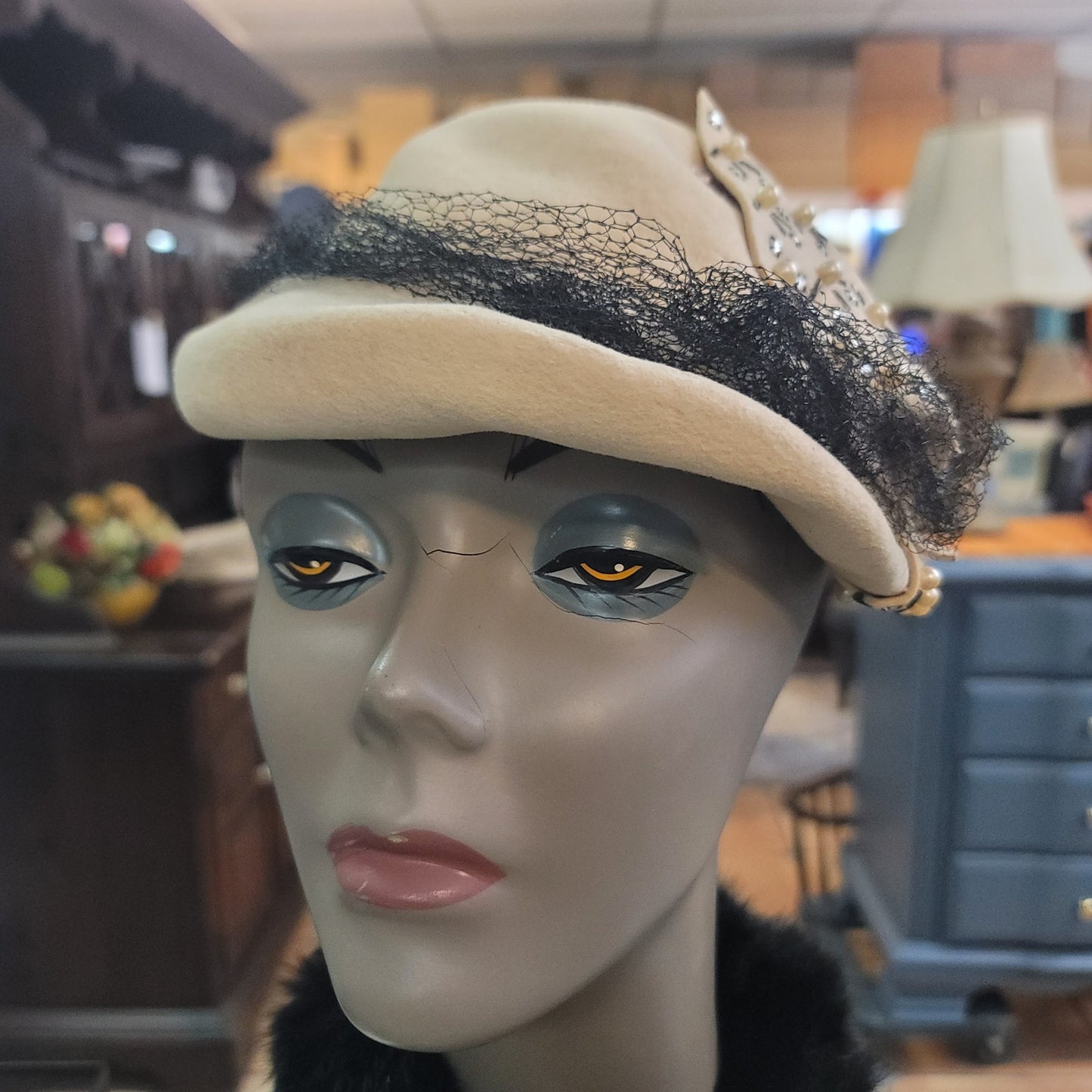 Vintage Hornberger Berkshire Wool Hat Cream Rhinestone Netting 1950s