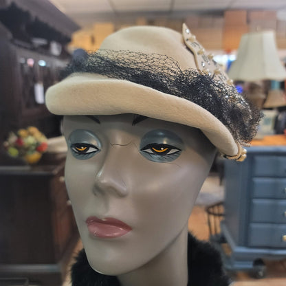 Vintage Hornberger Berkshire Wool Hat Cream Rhinestone Netting 1950s