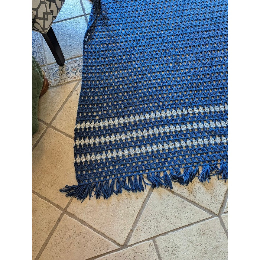 Handmade Dark Blue and Gray Crocheted Afghan throw w/ Fringe 84" x 64" Twin Bed
