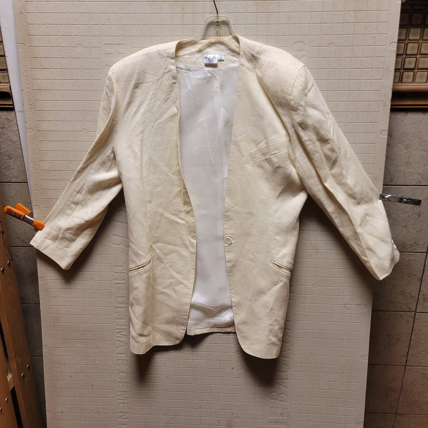 Vintage Pair of linen blazers cream pink Womens Size 12 shoulder pads lined