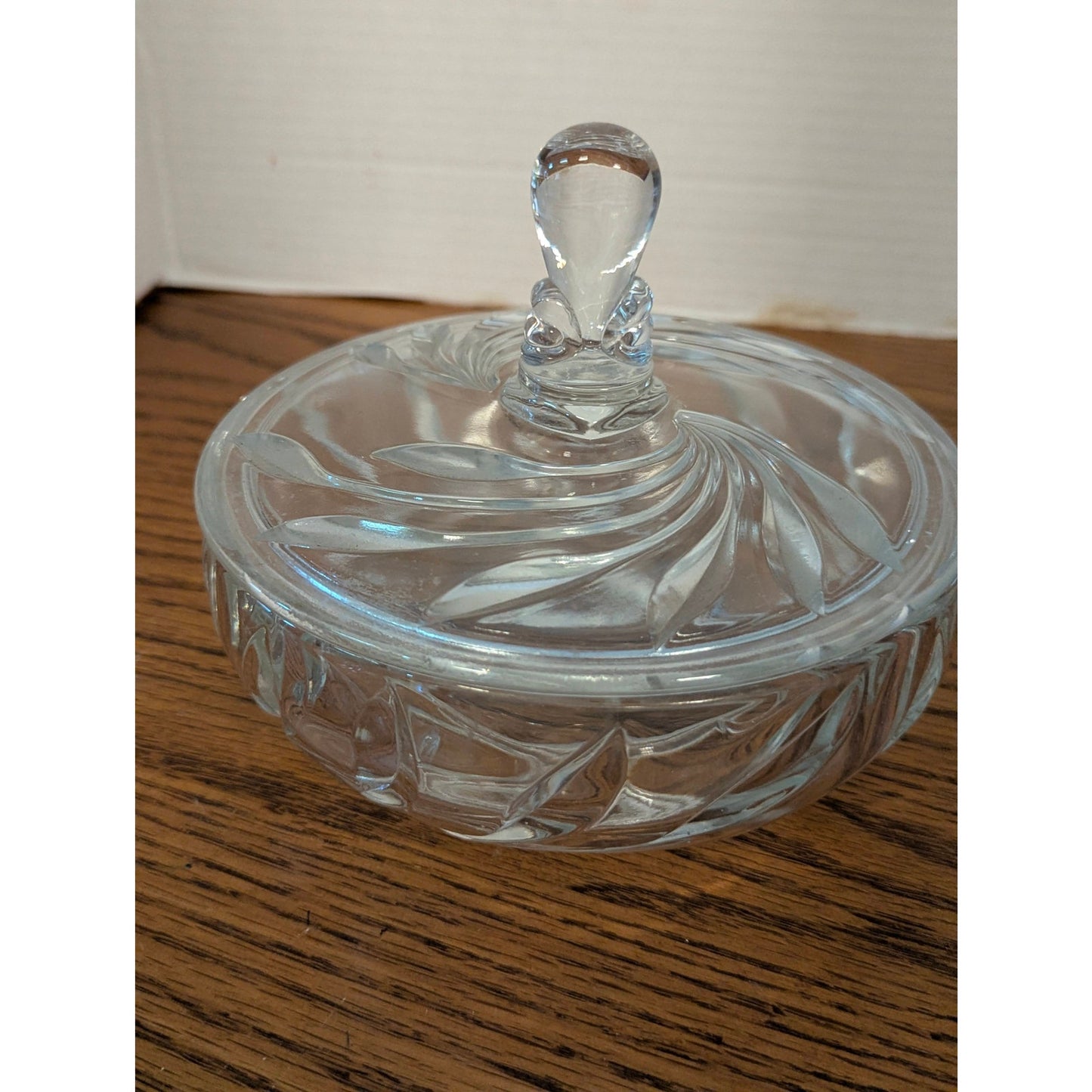 Vintage Clear Pressed Glass Candy Dish & Lid Swirl Design Powder Vanity Trinket