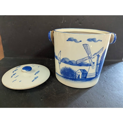 Vtg Hand Painted Biscuit / Cookie tea  Jar Wicker Handle Lid Japan Blue Canister