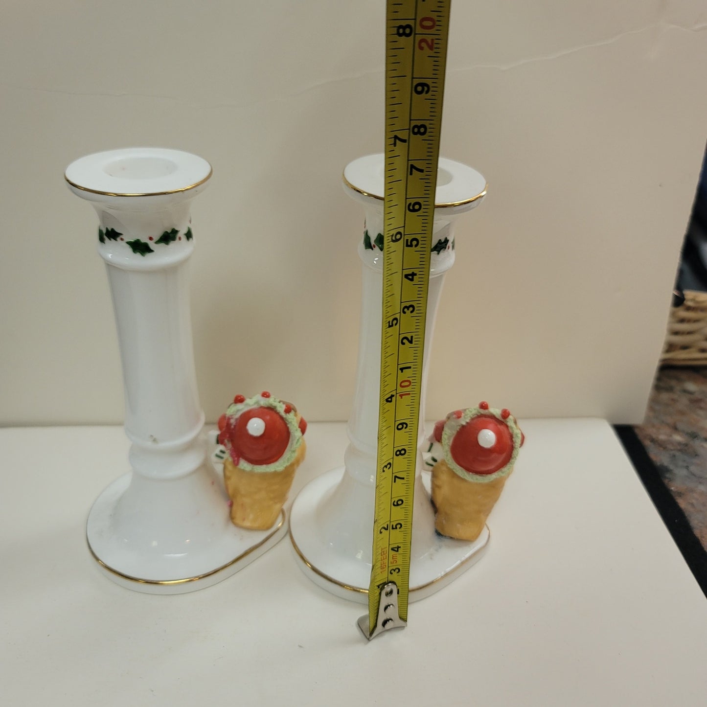 Enesco pair candlestick candle holders 1977 Bone China Holly Bird Gold White