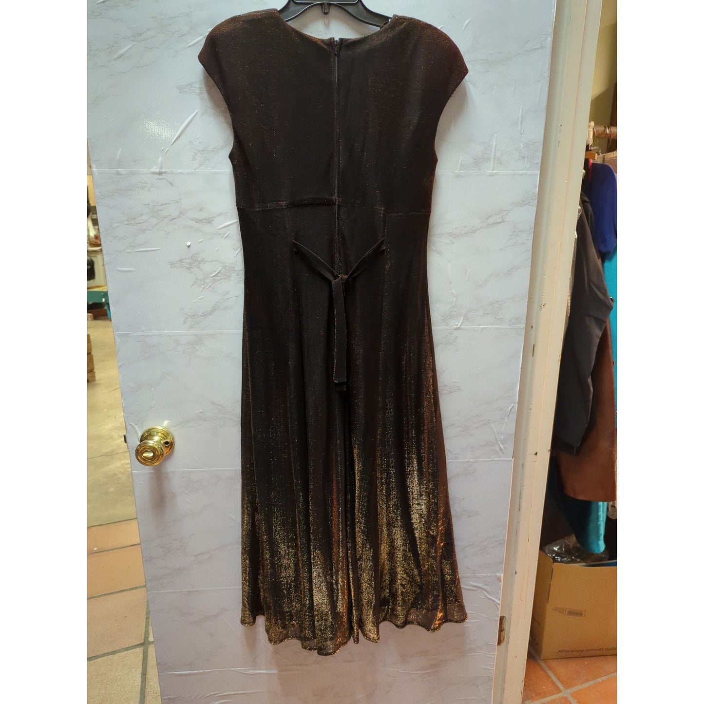 Molly Malloy Evening Petites Bronze Metallic Shimmer Cap Sleeve Midi Dress Small