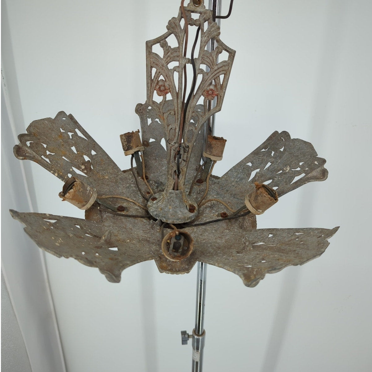1930s Art Deco Slip Shade 5 Light Chandelier Fixture Restoration Cast Alumium