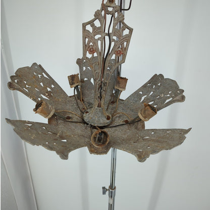 1930s Art Deco Slip Shade 5 Light Chandelier Fixture Restoration Cast Alumium